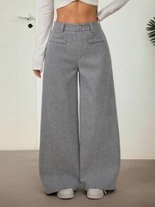 SHEIN PETITE 女款時尚百搭保暖灰色尼龍通勤長褲 - 灰色 - 查看 9