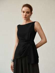 MOTF PREMIUM Blusa elegante sin mangas con dobladillo asimétrico - Negro - Ver 3
