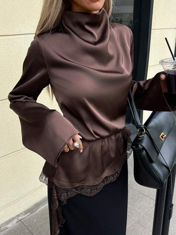Siren Gaze Women's Elegant Casual Commute Fashion New Versatile Daily Pleated Lace Patchwork Split Brown Shirt, Autumn Women's Long Sleeve Shirt Dinner Office