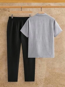 HIMLAND 男士純色短袖 Polo 衫搭配抽繩腰長褲休閒日常套裝 - 淺灰色 - 查看 2