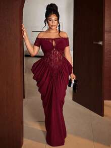 Maweii Plus Size Burgundy Off Shoulder Lace Dress With Hollow Bow Design And Pleated Gown - Red - View 6