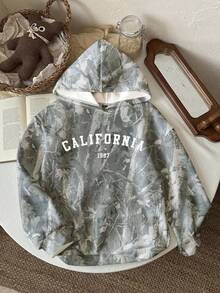 Attitoon Leaf & Branch Letter Print Chic Loose Fit Drop Shoulder Sweatshirt, Suitable For Fall/Winter Street Style - Multicolor - View 10