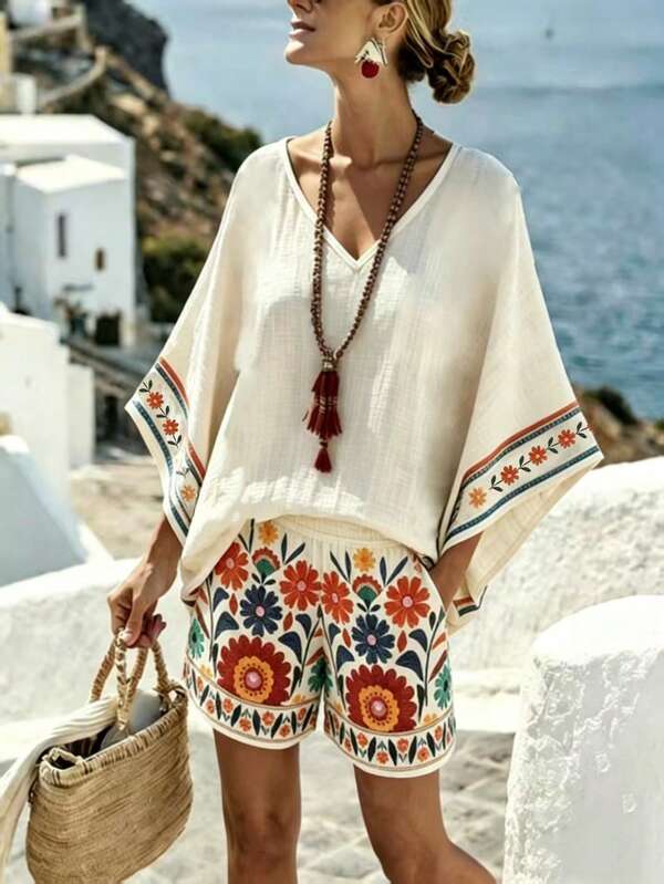 SHEIN Holidaya Summer Refreshing Faux Linen Printed 2-Piece Set For Women, Loose Batwing Sleeve Top And Shorts, Slimming Casual Outfit