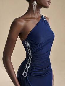 Coutiva Rhinestone Decor Elegant One Shoulder High Slit Bridesmaid Dress - Royal Blue - View 6