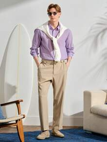 VeloEdit Men's Purple Solid Collar Long Sleeve Polyester Shirt, Button Front, Spring, Button Down Shirt, Casual, Comfortable, Versatile, Daily Wear, Gift For Father/ Husband Fall Winter - Purple - View 2