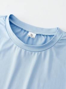 SHEIN Girlism 兒童青少年女孩淺藍色運動休閒瑜伽抓皺腰裙，半高領短袖設計，抓皺腰部與喇叭裙擺，中彈力親膚面料，甜酷女孩風兒童洋裝，夏季大童日常出遊校園穿搭，小眾設計清新童裝 - 淺藍色 - 查看 4