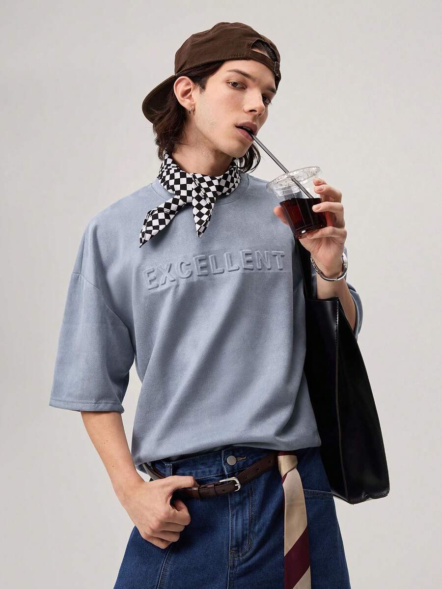 Oversized Men's Letter Embossed Drop Shoulder T-Shirt, Fall - Dusty Blue - View 1