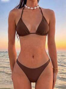Swim Vcay 女款夏季海灘純色掛脖綁帶性感比基尼兩件式泳衣套裝 - 棕色 - 查看 3