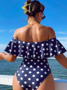 Swim Lushoire Spring/Summer Polka Dot Print Ruffle Off-Shoulder Side Ruched One-Piece Swimsuit For Women, Festival Boho - Multicolor - View 2