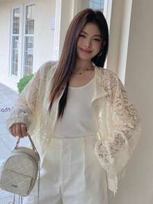 Dazy Plus 蕾絲罩衫 寬領時尚設計 透視罩衫 大尺碼女款 春夏長袖薄外套 度假可愛上衣 - 杏色 - 查看 3