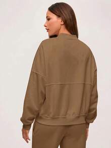 SHEIN BASICS Chaqueta holgada de punto de unicolor con cuello alto y manga larga para mujer, ropa de otoño e invierno - Café integral - Ver 2