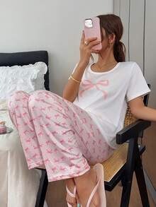 Dream Adore Pink Bow Print Short Sleeve & Long Pants Pajama Set, 2 Pieces - Multicolor - View 6