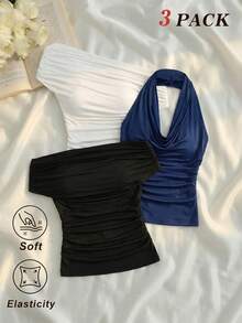 SHEIN MOD 女款 95% 棉 3-Way 修身上衣，黑色、白色與藍寶石藍，垂領露肩無肩帶休閒夏季夜生活上衣，適合海灘祭典 - 彩色 - 查看 12