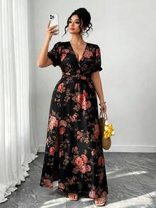 Elenzga Plus Size Women's V-Neck Floral Print Split Design Elegant Cinched Waist Party Summer Dress - Black - View 4