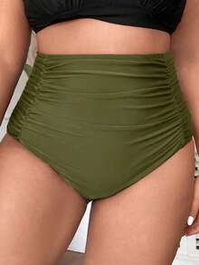 Slaydiva Plus Size Women's Solid Color Bikini Bottoms, Ultra High Waist, Ruched Tummy Control - Army Green - View 3