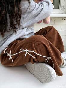 SHEIN Elladie kids 女童蝴蝶結長褲，秋季新款造型，適合假期、返校、度假，燈芯絨材質 - 鏽棕色 - 查看 2