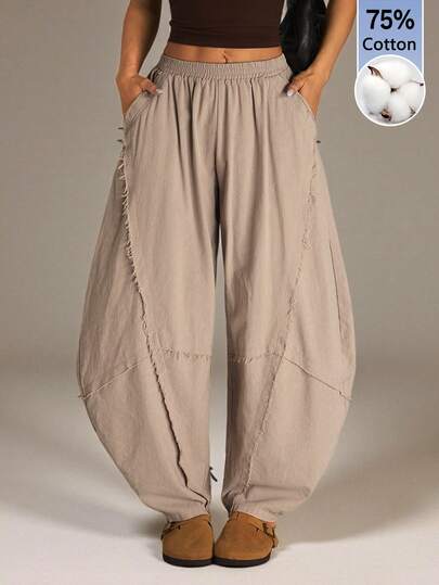 SHEIN PETITE Vintage Western Bohemian Style Casual Khaki Curved Leg Design Women's Pants, Edge Cut Design, Suitable For Spring And Summer Wear.