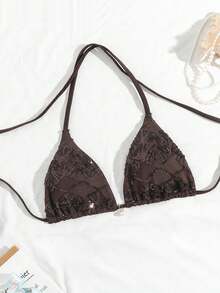 Costavie Swim Basics 單件比基尼上衣 春夏海灘度假款 亮片特殊紋理面料 珍珠裝飾 掛脖三角杯性感比基尼上衣 - 咖啡棕 - 查看 4