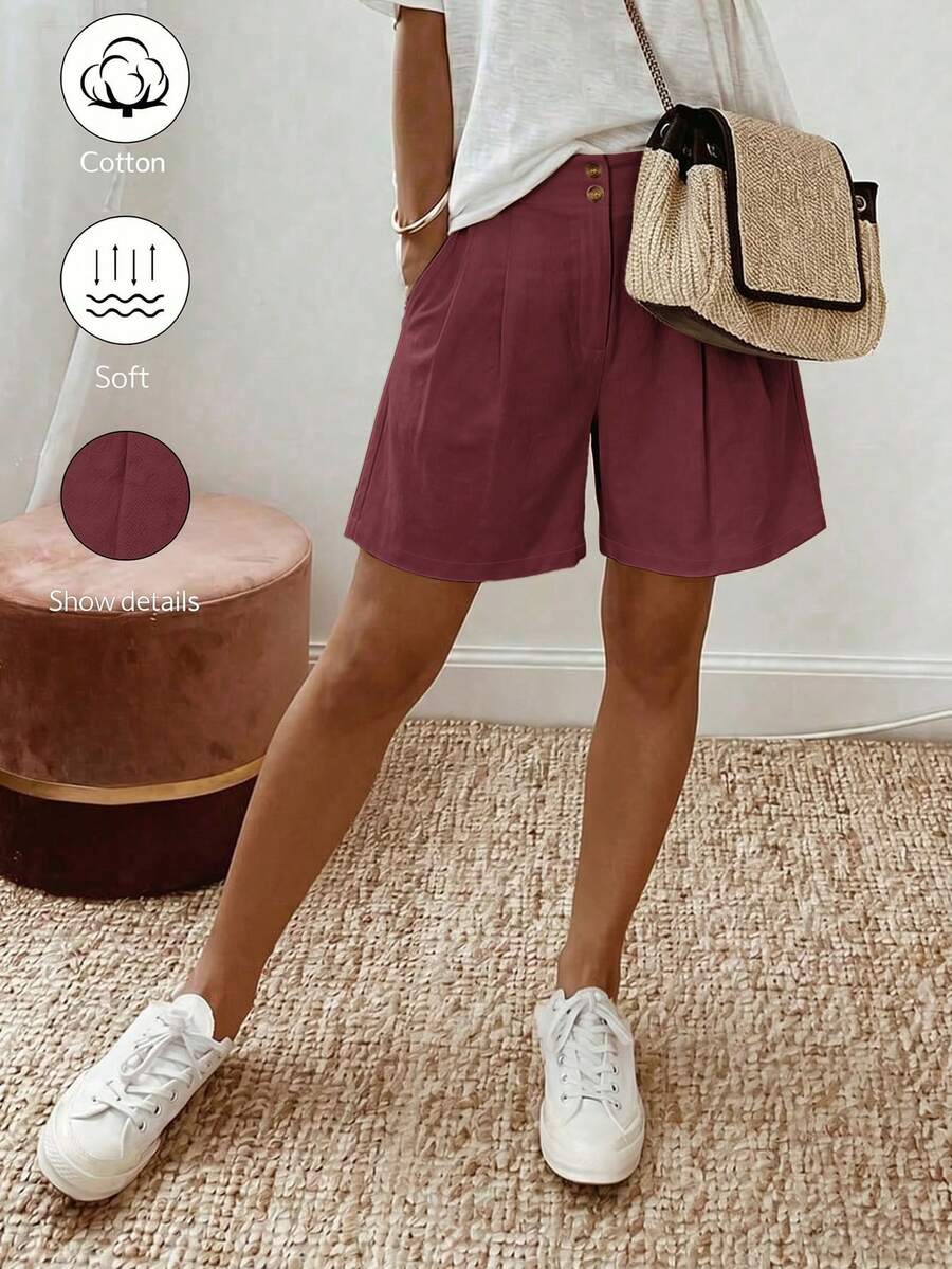 Balvessa Summer Casual Solid Color Loose Shorts - Burgundy - View 1