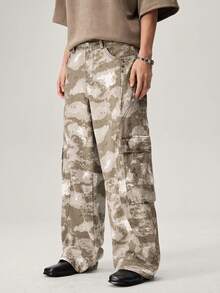 Vaulklash Men Fashionable Multi-Pocket Rivet Design Casual Loose Camo Baggy Wide Leg Jeans - Army Green - View 5
