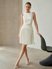 MOTF PREMIUM VESTIDO CORTO PLISADO ELEGANTE Y A LA MODA PARA MUJERES - Blanco - Ver 6