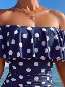 Swim Lushoire Spring/Summer Polka Dot Print Ruffle Off-Shoulder Side Ruched One-Piece Swimsuit For Women, Festival Boho - Multicolor - View 4