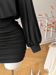 Comfortcana Plus Size High Elasticity Black Retro Minimalist Autumn/Winter Bodycon Mock Neck Knit Dress Fall - Black - View 4