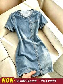 Resyla Vestido mini ajustado con remaches estampado no vaquero, vestido de manga corta azul lavado elástico - Multicolor - Ver 1