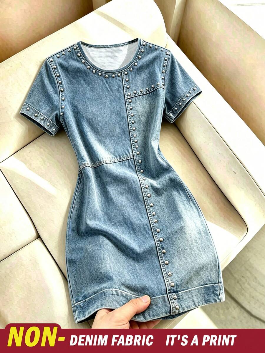 Resyla Vestido mini ajustado con remaches estampado no vaquero, vestido de manga corta azul lavado elástico - Multicolor - Ver 1