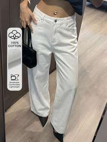 DAZY Women's High Waist Solid White Loose Straight Wide Leg Long Pants For Commuting Summer Autumn Date Casual - White - View 1