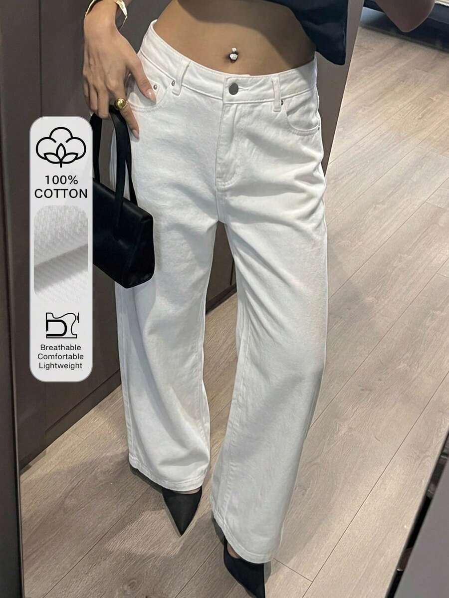DAZY Women's High Waist Solid White Loose Straight Wide Leg Long Pants For Commuting Summer Autumn Date Casual - White - View 1