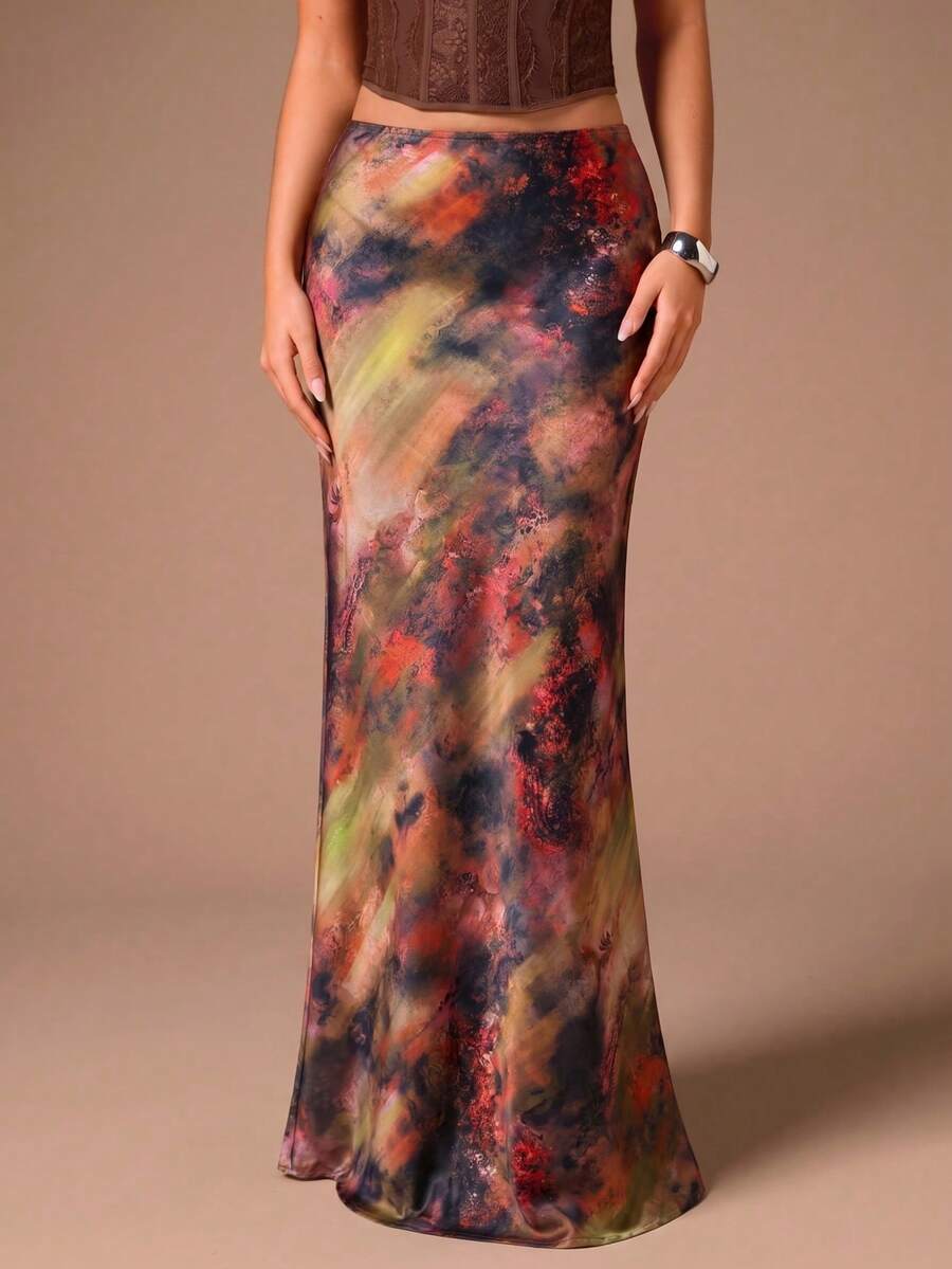 Glamine Elegante falda larga versátil de línea A para mujer, falda de satén estampada, ropa de verano, falda de moda de corte ajustado