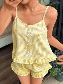 Napfluff Sweet Bow Decor Pink Striped Bow Print Cami Shorts Pajama Set - Yellow - View 4