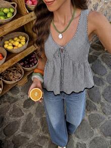 Flora Isola Flora Isola Damen Sommer Karomuster Schnürung Cut Out V-Ausschnitt Tailliert Rüschen Saum Ärmellos Tanktop Französischer Süß & Würzig Stil Lässig Pendeln Crop Top - Verschiedenfarbig - Übersicht 1