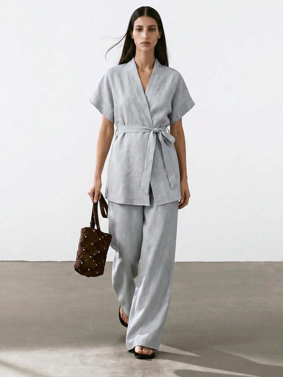 EURMUSE Tall 高个女式休闲灰色纯色短袖系带和服式上衣和长裤两件套舒适套装 - 灰色 - 查看 1