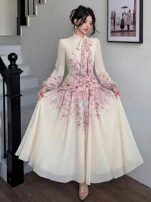 Modelyn 女士系带腰部褶皱印花长袖连衣裙 - 粉色 - 查看 7