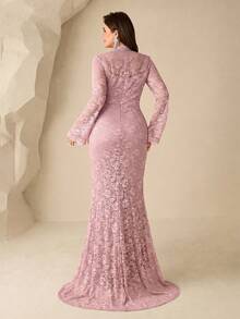Coutiva Plus Size Women's Elegant Ruched Waist Stand Collar Evening Dress - Pink - View 2