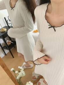 SHEIN Teen Girls Round Neck Contrast Color Ruffle Bow Long Sleeve Nightgown - White - View 7