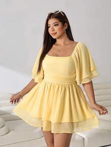 Solflare Plus Size Solid Color Shirred One-Piece Short Romper Dress For Vacation - Yellow - View 7