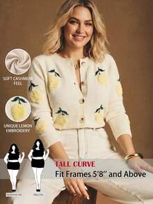 SHEIN Tall CURVE 大尺碼女款水果圖案長袖單排扣針織開襟衫 - 米色 - 查看 1