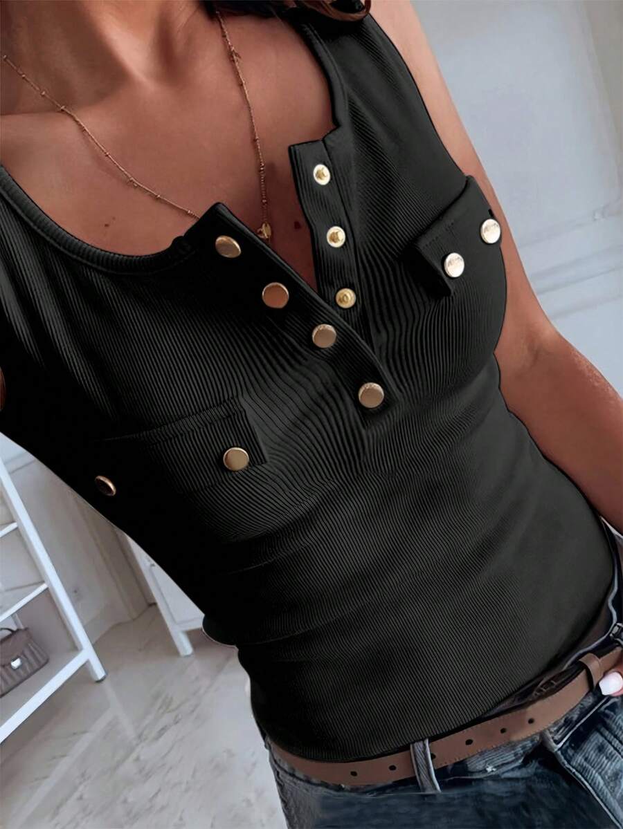 SHEIN SXY Camiseta sin mangas de corte slim con botones metálicos, de uso informal - Negro - Ver 1