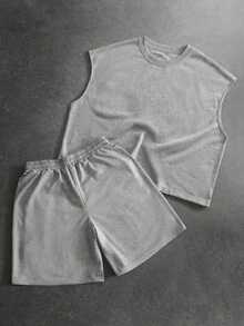 PAVTROS Men's Plus Size Letter Graphic Top And Drawstring Waist Shorts Casual Everyday Set - Light Grey - View 2