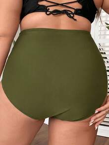 Slaydiva Plus Size Women's Solid Color Bikini Bottoms, Ultra High Waist, Ruched Tummy Control - Army Green - View 2