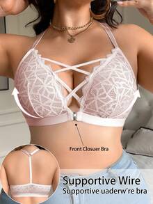 SHEIN Front Closure Lace Plus Size Wireless Bra Single Piece - Pink - View 6