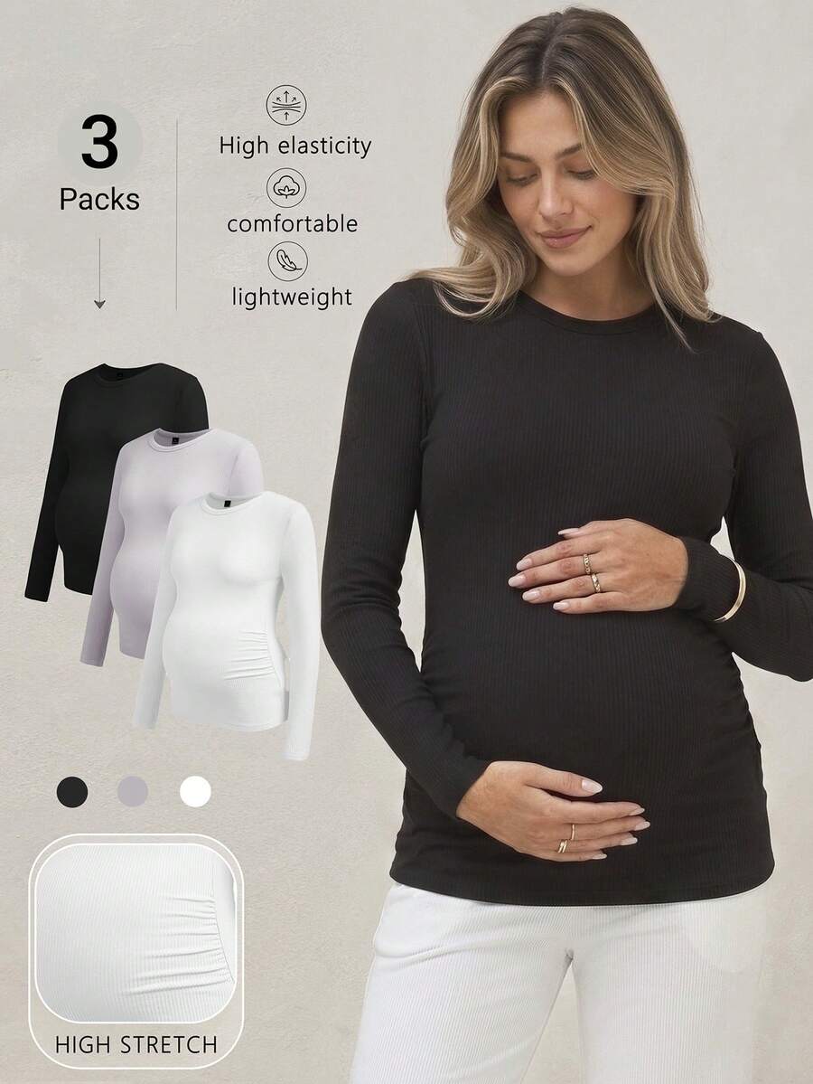 Modmama 3件組孕婦純色圓領休閒百搭日常外出長袖T恤套裝 - 彩色 - 查看 1