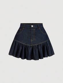 Falda vaquera informal con bolsillos y dobladillo con volantes para niña preadolescente - Azul - Ver 1