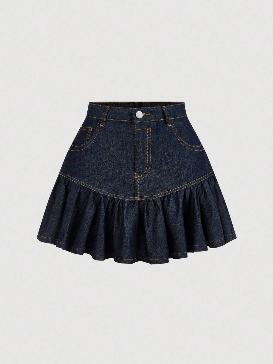 Falda vaquera informal con bolsillos y dobladillo con volantes para niña preadolescente - Azul - Ver 1