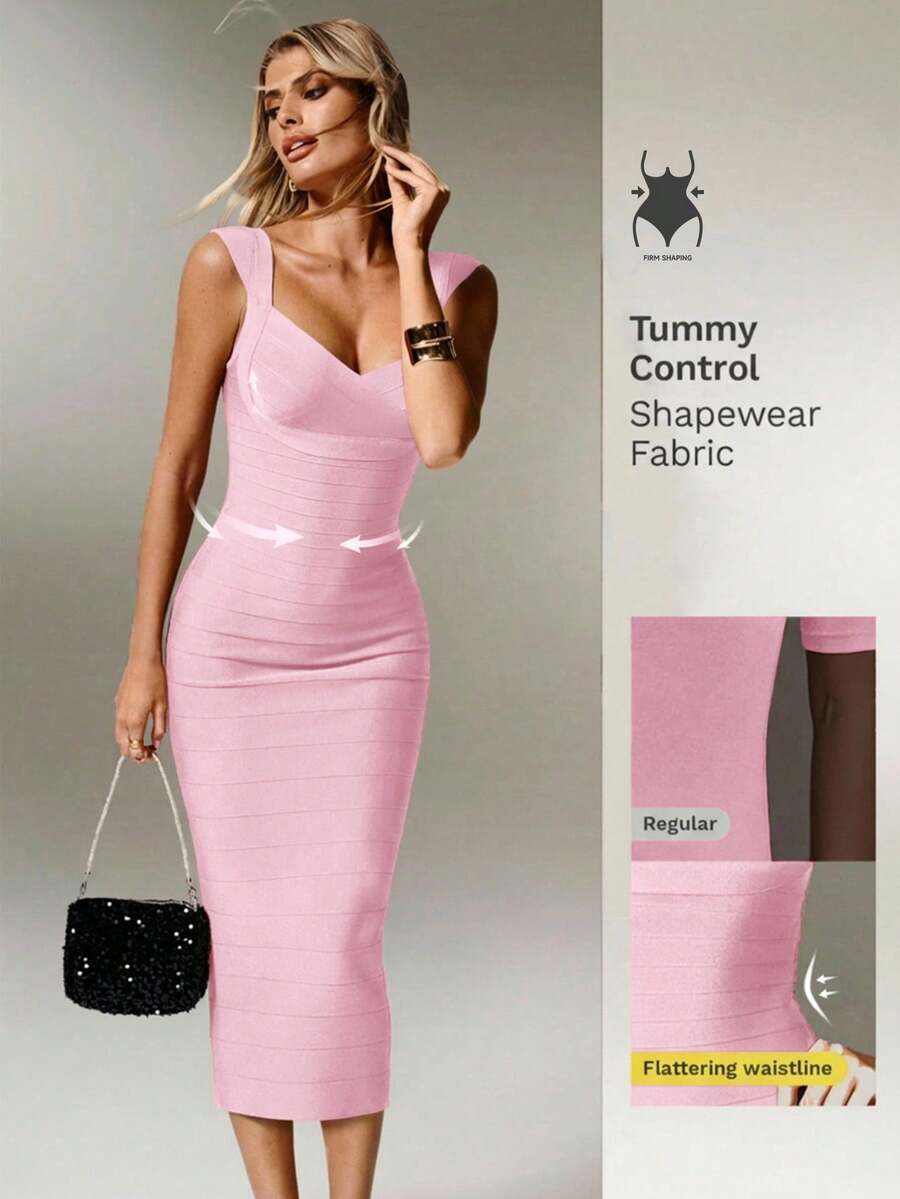 Nuvra Gaun Pesta Midi Bodycon Rajut Bergaris Burgundy dengan Potongan Pinggang Pas untuk Wanita - Baby Pink - View 1