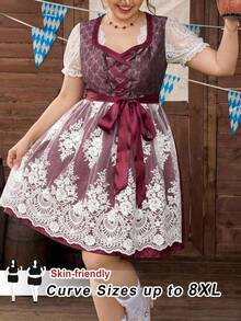 SHEIN CURVE+ Plus Size Lace Trim Design Embroidered Mesh Hem Sleeveless Elegant Dress, Fall Winter 2026 22W - Burgundy - View 1