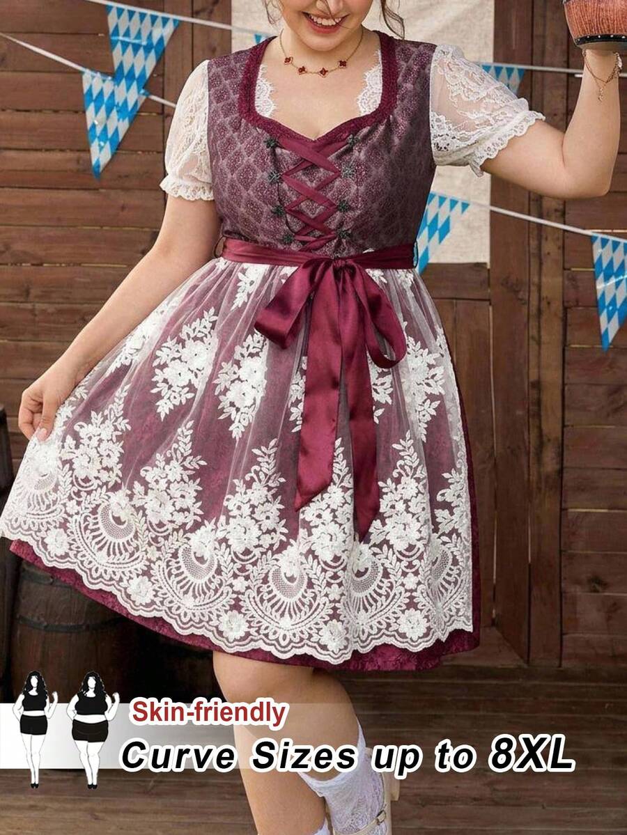 SHEIN CURVE+ Plus Size Lace Trim Design Embroidered Mesh Hem Sleeveless Elegant Dress, Fall Winter 2026 22W - Burgundy - View 1